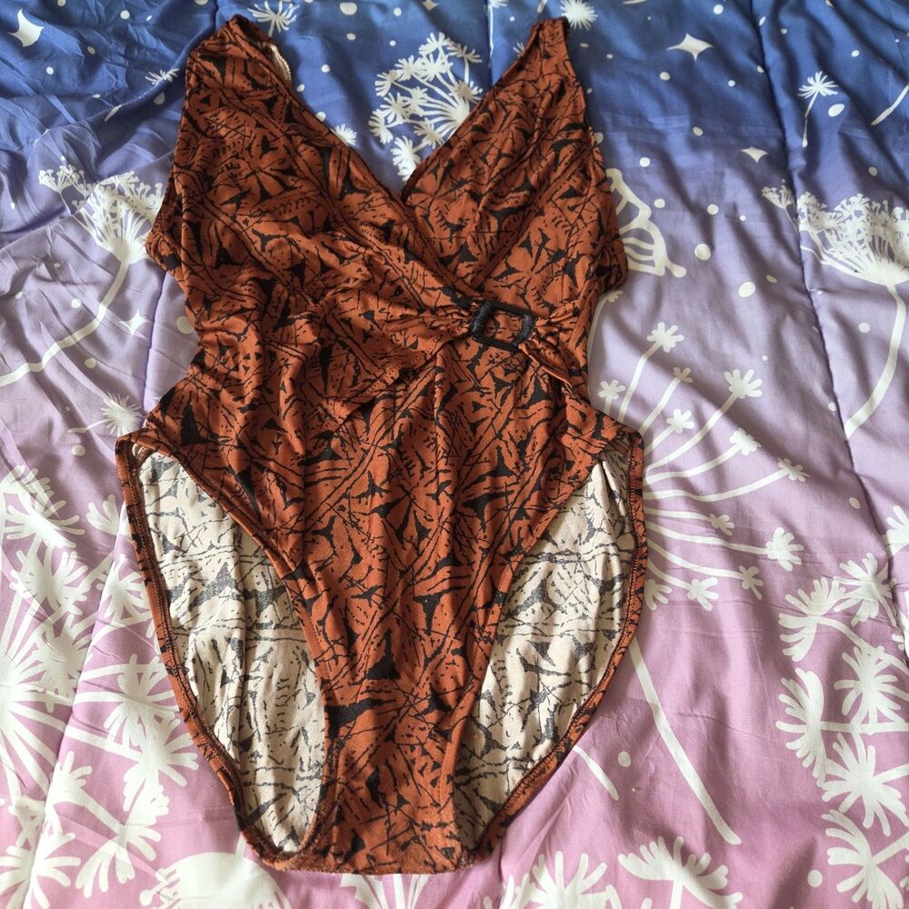 Vintage Cole of California One Piece Swimsuit Size 14 Rust Black Buckle USA